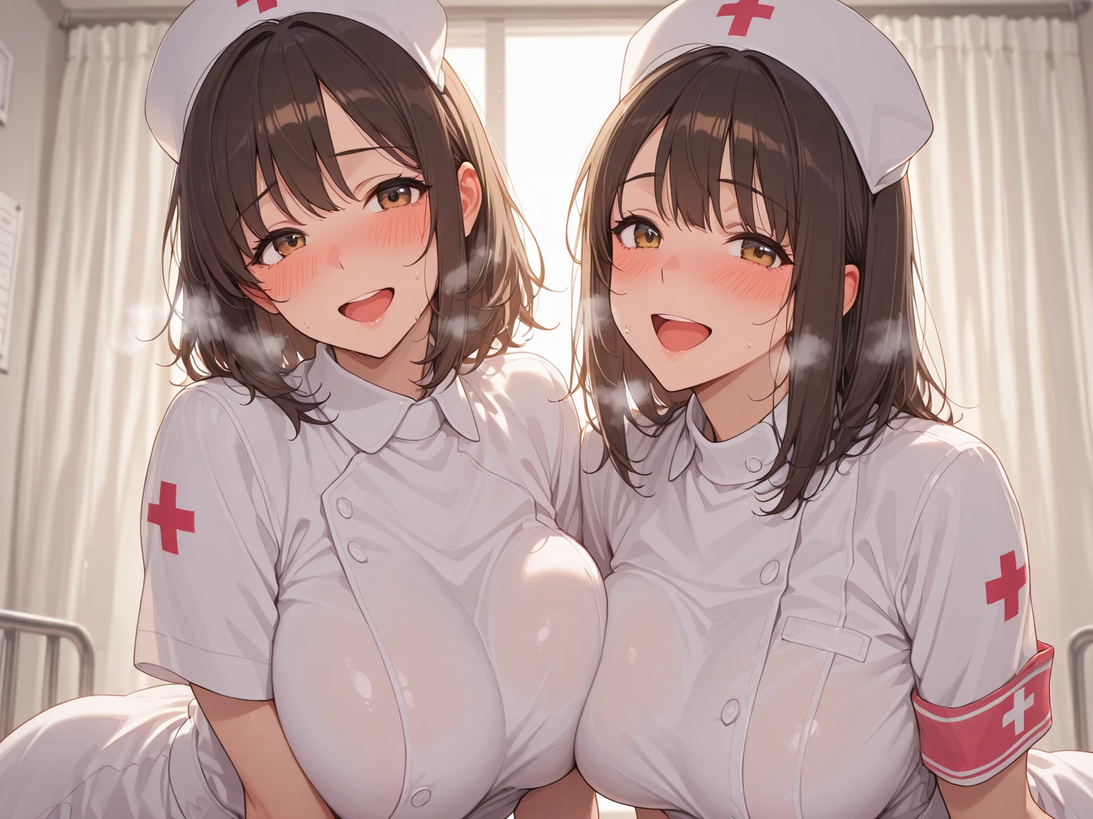 ((highest quality,4K,8k,High resolution,masterpiece:1.2,Ultra-detailed,Realistic,photoRealistic,photo-Realistic:1.37)),(1 woman,),(((Lying down in bed Doctor))),Perfect Face,(((doctor's white long coat, bikini,))), ((brown Hair,hair up,Kind Face,Droopy eyes:1.6,gray eyes)),(sagging tit,),(serious,Wink,),(full body),High heels,(overhead view),plump,hospital,bed,Lying down