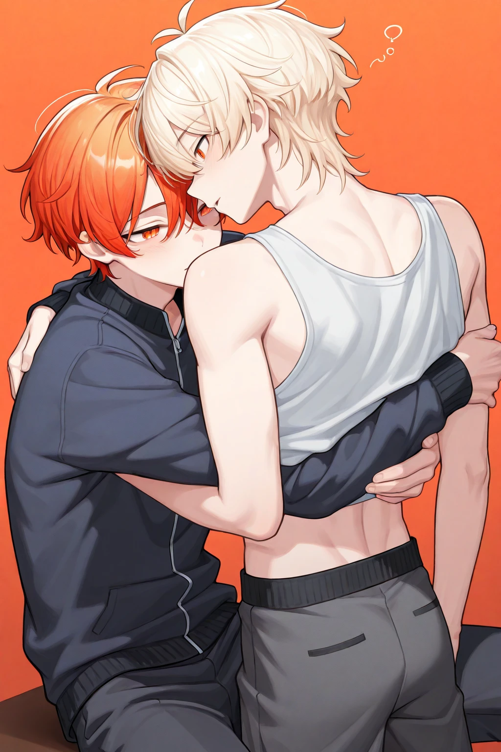 Two male Foxe and cat kissing each other. They 12- 14 years old. One of them wear crop top. They both wear black oversized pants. They both on the bed