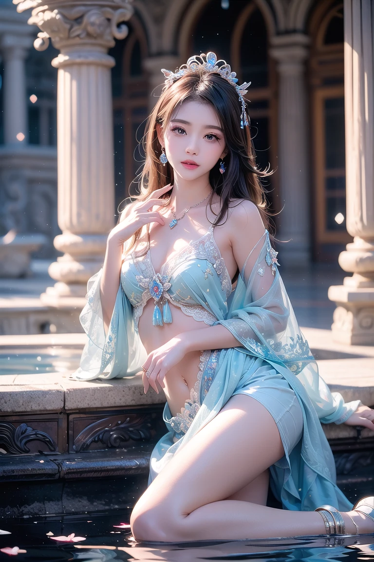 Beautiful little girl in Hanfu with lake water in the background, Behind it is a cyan Chinese dragon (dragon: 1.4), (realistic, photo realistic: 1.3), extremely delicate and beautiful, amazing, fine detail, (best illustration), (best shadow), intricate, behind a cyan Chinese dragon (dragon: 1.4), surrounded by water, lake in background, black mountains, trees, wind, long wavy body, fangs, fantasy, mythology, high quality, highly detailed, epic, particle effects, dynamic effects, surround), clouds, sunset, clear focus, volumetric fog , 8k Ultra HD, DSLR, High quality, (Film grain: 1.4), Fujifilm XT3,official art, unified 8K wallpaper, super detailed, beautiful beauty, best quality, (tangled, entangled), (fractal art: 1.4), 1 girl, Chinese, gorgeous hanfu kimono, calf, navel, very detailed, dynamic angle, denim lens, (most beautiful chaotic shape), flow, (bright colors), OC, (half: 1.2), china, (tape: 1.3), (dream: 1.5), (Hanfu: 1.5), (Smile: 0.5), (Chinese God 1.3), Complex, Ultra Detailed, (Skin Dents), Female, Detailed Body, (Detailed Face: 1.1), (Contour Iris), (Watercolor Lenses), (Perfect Eyes), Gorgeous, (Masterpiece: 1.2), (Best Quality: 1.2), Wide Buttocks, Thick Thighs, (Big Tits: 1.2) and (Big Breasts: 1.2), Detailed Background, Cinematic Light, Best Shadow, Cute Detail Face, Dramatic Light, Intricate details, flowing long hair, ethereal light, wide angle, solo, full body, colorful, flame, charming, enchanting,, thin waist, gorgeous goddess, Buddha-figure, absurd long hair, pale gold eyes, looking at the audience, delicate patterns, precious stones, gold, diamonds, fine feathers, volumetric light, holiness, backlight, opposite, girl with antler decoration on head, girl with black hair