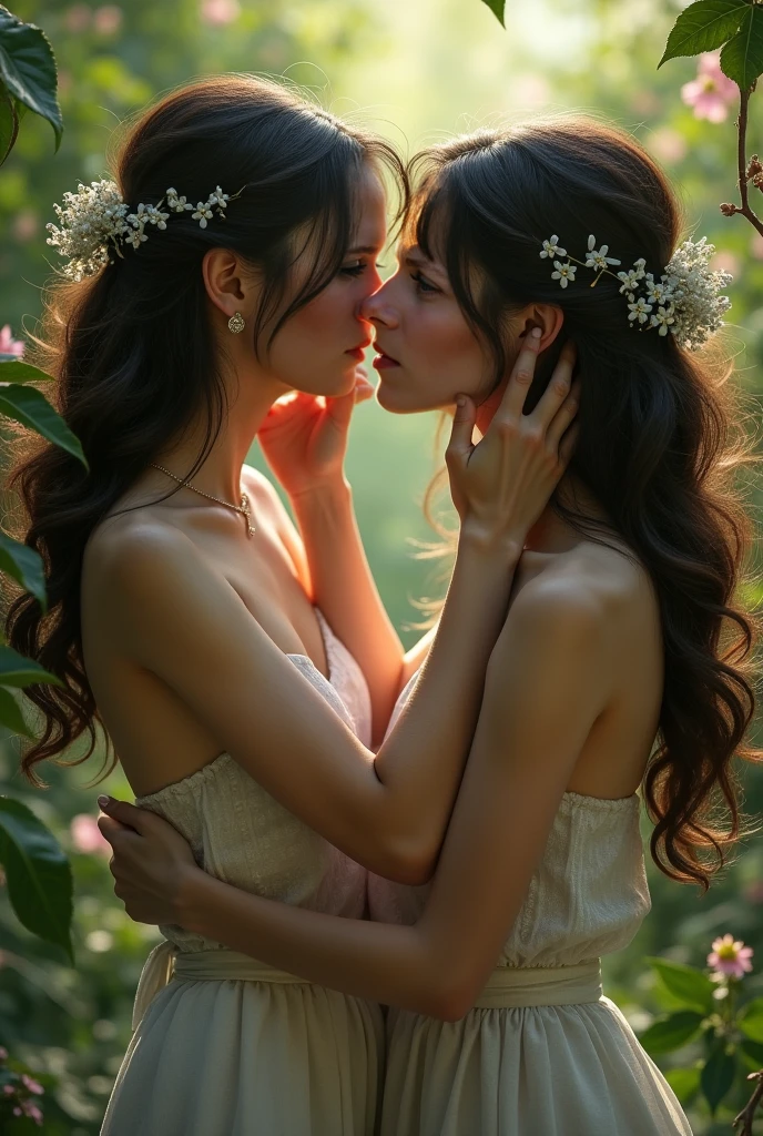 (best quality,4k,8k,highres,masterpiece:1.2),ultra-detailed,beautiful detailed lips,beautiful detailed eyes and face,extremely detailed eyes and face,long eyelashes,loving and passionate kiss,gentle lesbian kiss,excited Colombian girls,kiss of passion and love,tender moment,touch of love and desire,emotion and connection,beautiful girls in a forest,romantic atmosphere,soft lighting,pure love and intimacy,subtle colors and tones,emotionally charged moment,gentle caress of lips,sensual and delicate,affectionate embrace,magic in the air,intense bond between two women,whisper of love,blissful moment,serene and enchanting,flutter of butterfly wings,lush greenery surrounding them,budding flowers in the background,celebration of love and authenticity,natural beauty of the forest,soft breeze caressing their skin.