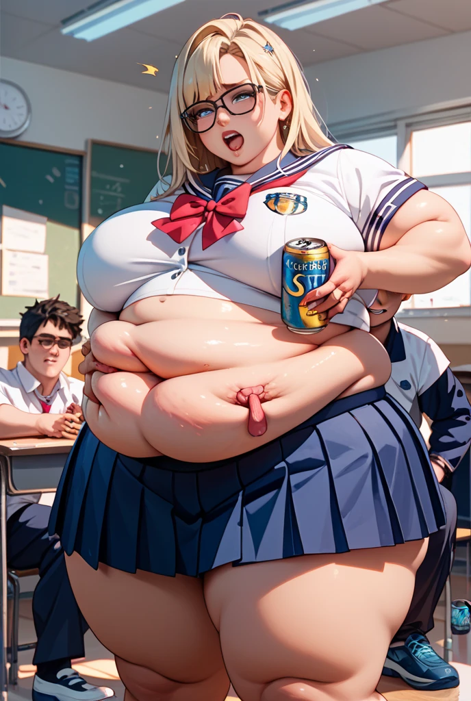 Christina Hendricks, big boobs, schoolgirl outfit, mini skirt, plaid skirt, topless, leaking milk, lactation, pregnant belly, round belly, hyper pregnant, very pregnant, in classroom, chalkboard in background,