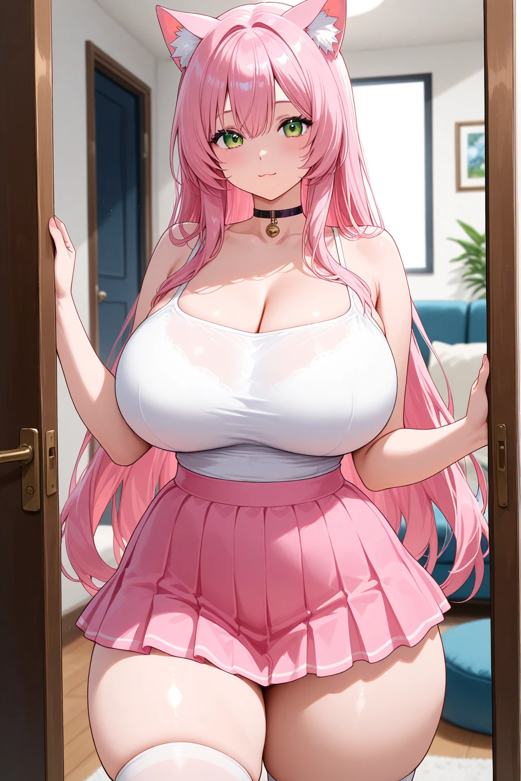 1 girl, 19 years old, Long pink hair, green eyes with slit pupils, master-piece, best quality, (standing up), (hot pink lace camisole top, leather pencil skirt, cleavage), (Big , ultra gigantic , Super super big, Glamorous body), front figure, looking forward, (light_Smile:1.5), (Detailed hands and fingers:1.2), (FULL BODYSHOT), thighs thighs thighs thighs、beauty legs、