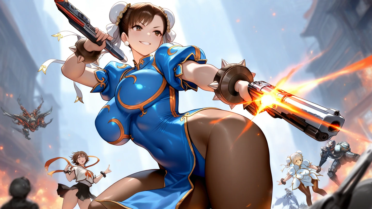 ultra-detailed, Explicit, Beautiful body, Beautiful Nose, Beautiful character design, perfect eyes, perfect face, ultra highres, 4K, beautiful legs, perfect legs, Nice hands, Perfect hand, Masterpiece, Best Quality, Highly detailed, illustration, absurdres, street fighter, doll suit, shadaloo doll, dollsuit, girls, multiple girls, expressionless, blank eyes, looking at viewer, red gloves, emotionless, black latex, corrution, mind control, female combatant, full body, hypnotized, unhappy trance, full body suit, ribbed bodysuit, both arms at side, stand up straight, obey, perfect female body, extremely glossy latex, hypnosis, hypnoLora, empty eyes, Mind control device, poses, submissive_pose, Slave, hat, necktie, stand up straight, standing, standing at attention, hat, necktie, belt, extending the right arm from the shoulder into the air with a straightened hand, nazi saluting, military, military saluting, salute, right hand saluting, left hand at side, latex, ribbed bodysuit, wide hip, thicc, a curvy body, brown hair, green eyes, Sakura Kinomoto, Cardcaptor Sakura
