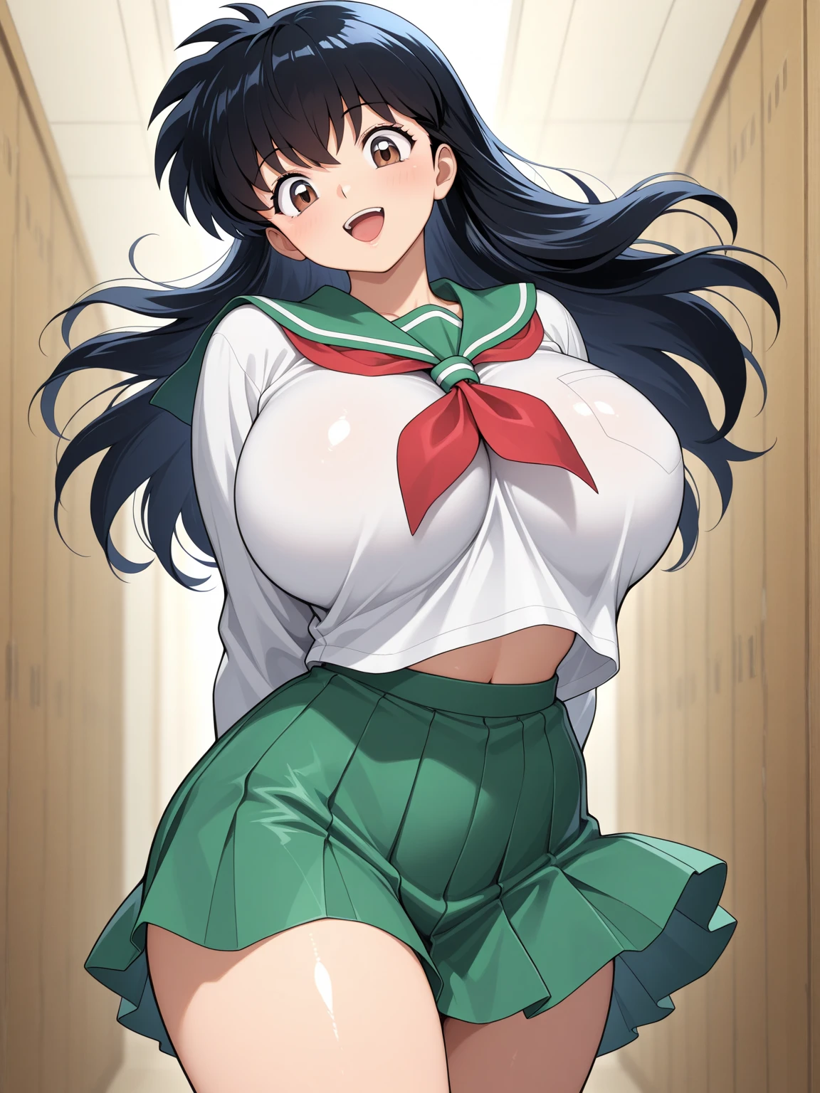 (best quality, masterpiece, highres), kagome higurashi, 1girl, solo, green , long sleeves, Accentuate your breasts, Accentuate your cleavage, big breasts, shirt with open button