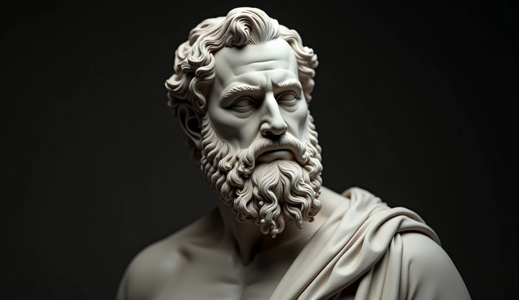 A marble statue of a stoic philosopher with beard up close face and chest