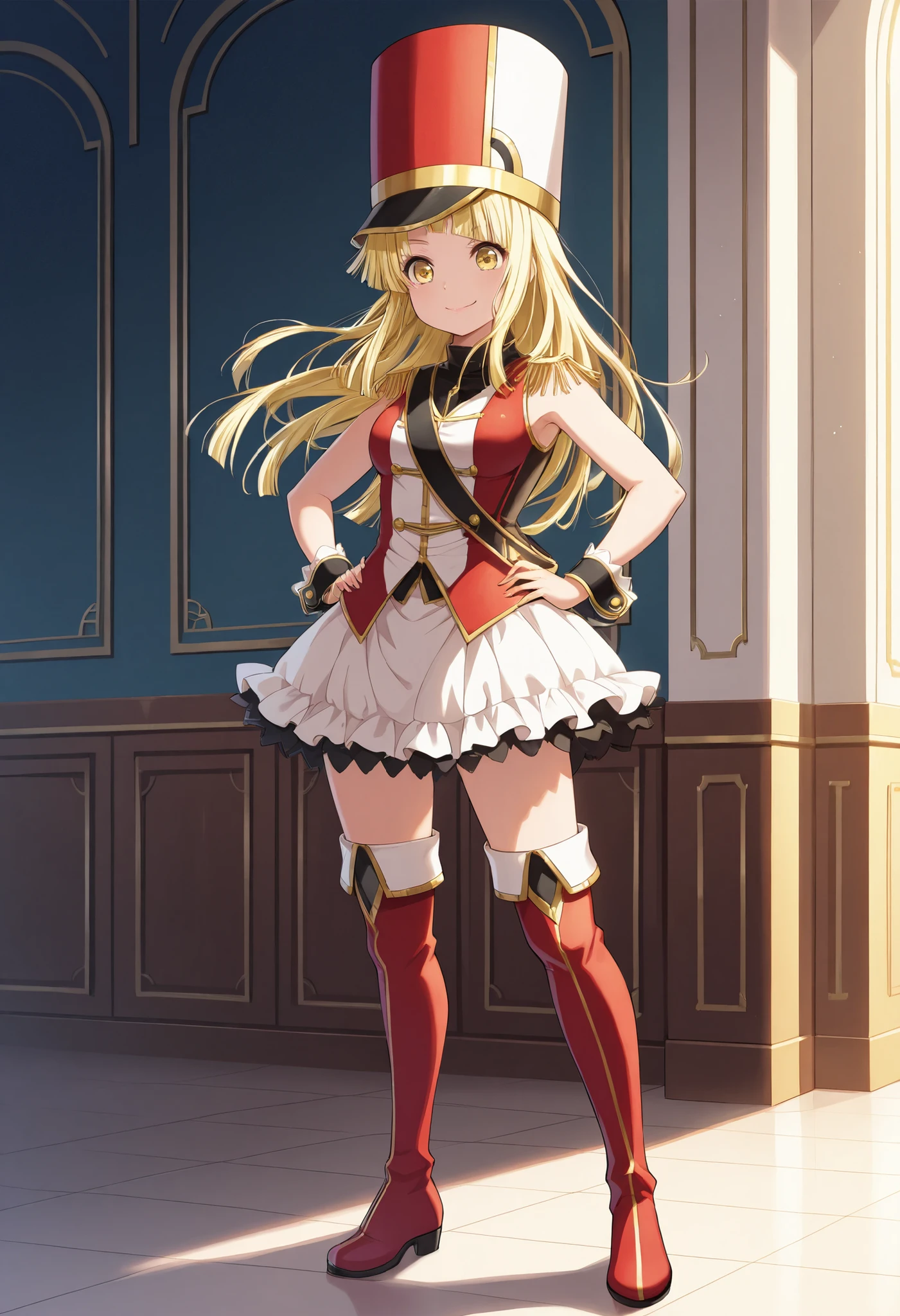 (masterpiece), (best quality), (ultra-detailed), illustration, ((disheveled hair, very good hair))), detailed eyes, perfect composition, moist skin, intricate details, score_9, score_8_up, score_7_up, source_anime,solo, 1 girl,Tsurumaki Kokoro, long hair, blonde hair, yellow eyes BREAK, kokorohhw, hhw skirt, hhw shako cap, hhw band uniform, hhw wrist cuffs, hhw thigh boots, serious smile,closed mouth,rouge lips ,standing hands on hips ,full body ,live waiting room