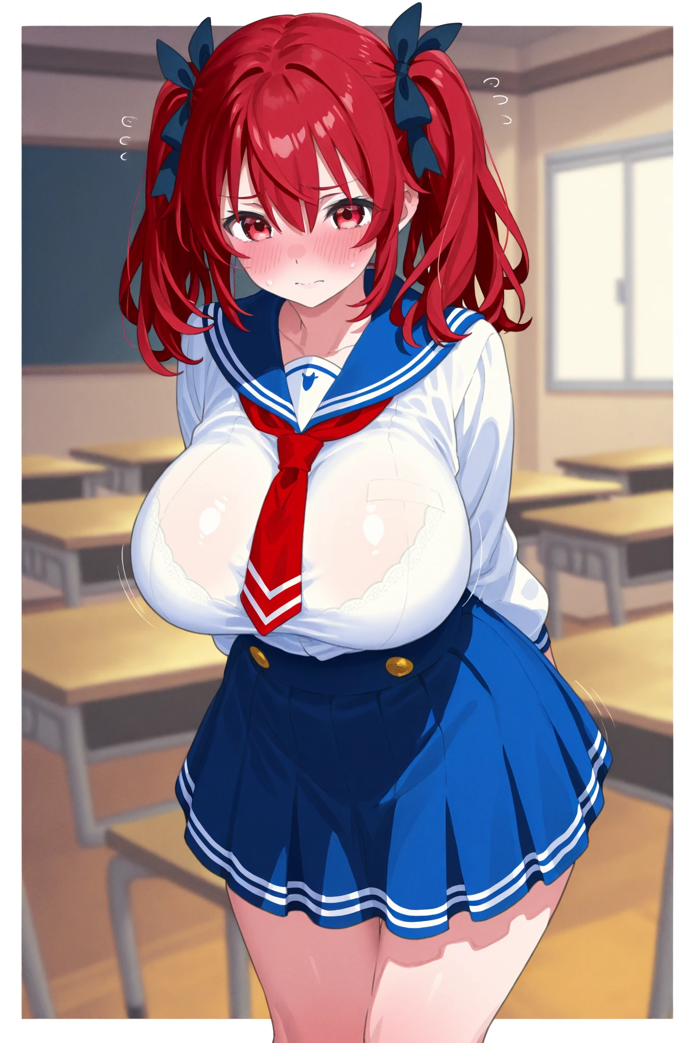 best quality,highly detailed,ultra-detailed,masterpiece,illustration,beautiful detailed eyes, Anime, Moe,(((illustration))), solo, 1girl,full body,
((deepblue eyes)),(((red hair))),((((very short hair)))), (((shiny skin))), gradient hair, ((perky breasts)), light blush,
((((blazers|long sleeve sailor suit|School uniforms)))), ((((pleated skirt)))), school, pantyhose, uwabaki