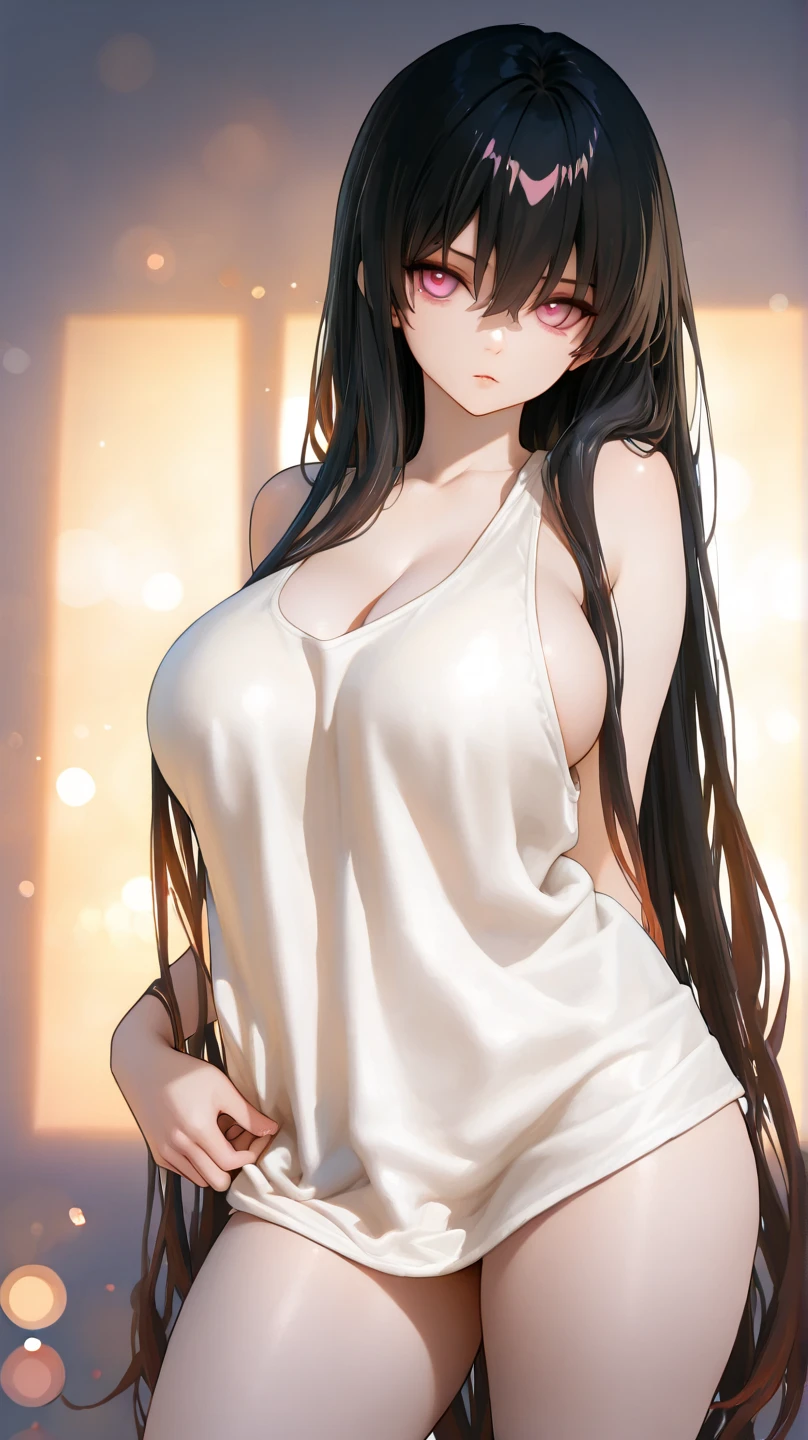 (best image quality, masterpiece:1.2), absolute resolution, high quality, one woman, break, (long black hair mixed with red:1. 1), brown eyes, big breasts,????? towel,