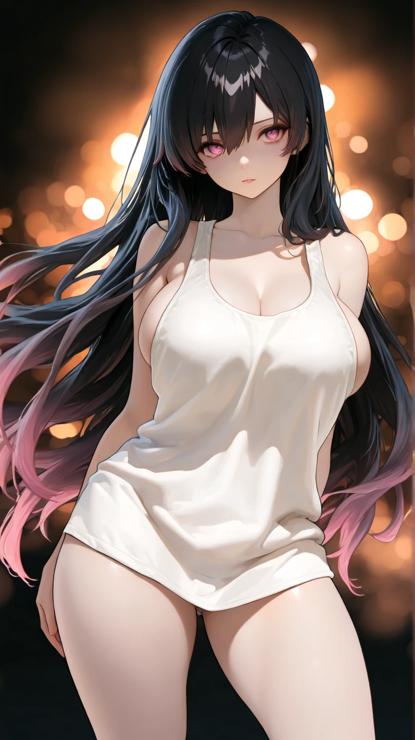 (highest quality:1.2, Very detailed, up to date, Vibrant, Ultra-high resolution, High Contrast, masterpiece:1.2, highest quality, Best aesthetics), Portraiture、girl、((25-years-old:1)), black Hourglass line dress, Bright colors、Beautiful fine details、Beautiful lip detail, long hair、black and purple ((streaked hair:1.6)), highlights hair: 1.5, brown eyes, gold earrings, ((slim body:1.4)), (small breast:0.7), (dark skin:0.5)), standing, Front facing, (No background:1.4), ((Plain white background:1.3)), (cowboy shot:1.5), look at viewer
