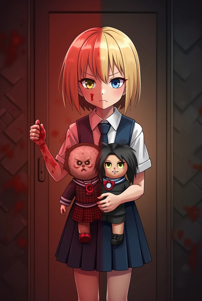 Chara standing with knife in front of Sans who is sitting on the ground with wound on chest, wearing his usual hoodie and shorts and looking at Chara in hall, Undertale game characters in anime style, the view is from Chara’s back.
