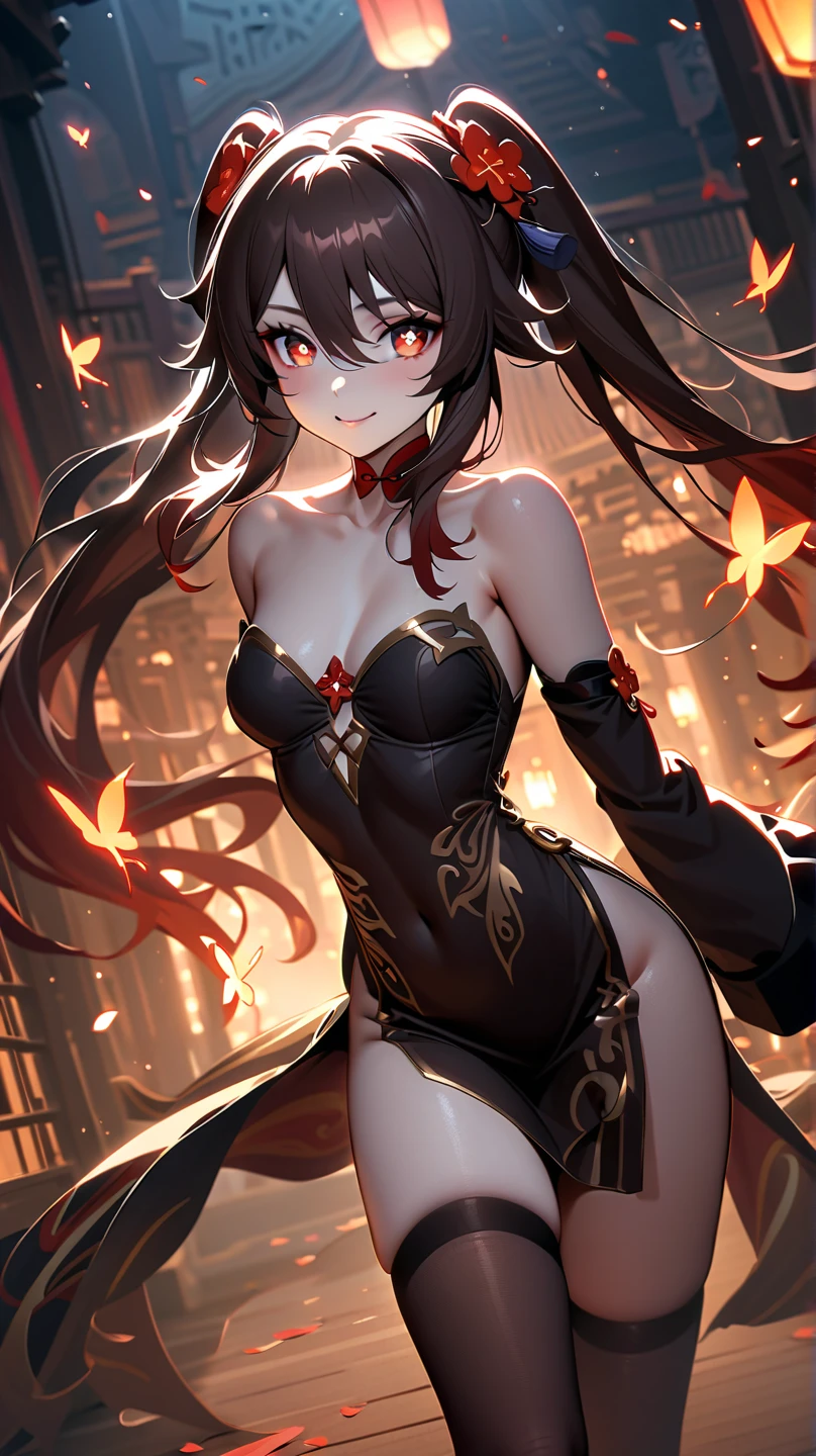 highest quality、full finger、Slender beauty、ponytail woman、brown haired woman、medium hair woman、(beautiful big breasted woman:1.3)、Halloween Scenery、halloween costume、((Black and orange bra))、((Black and orange bloomers) )、naughty pose、big smile