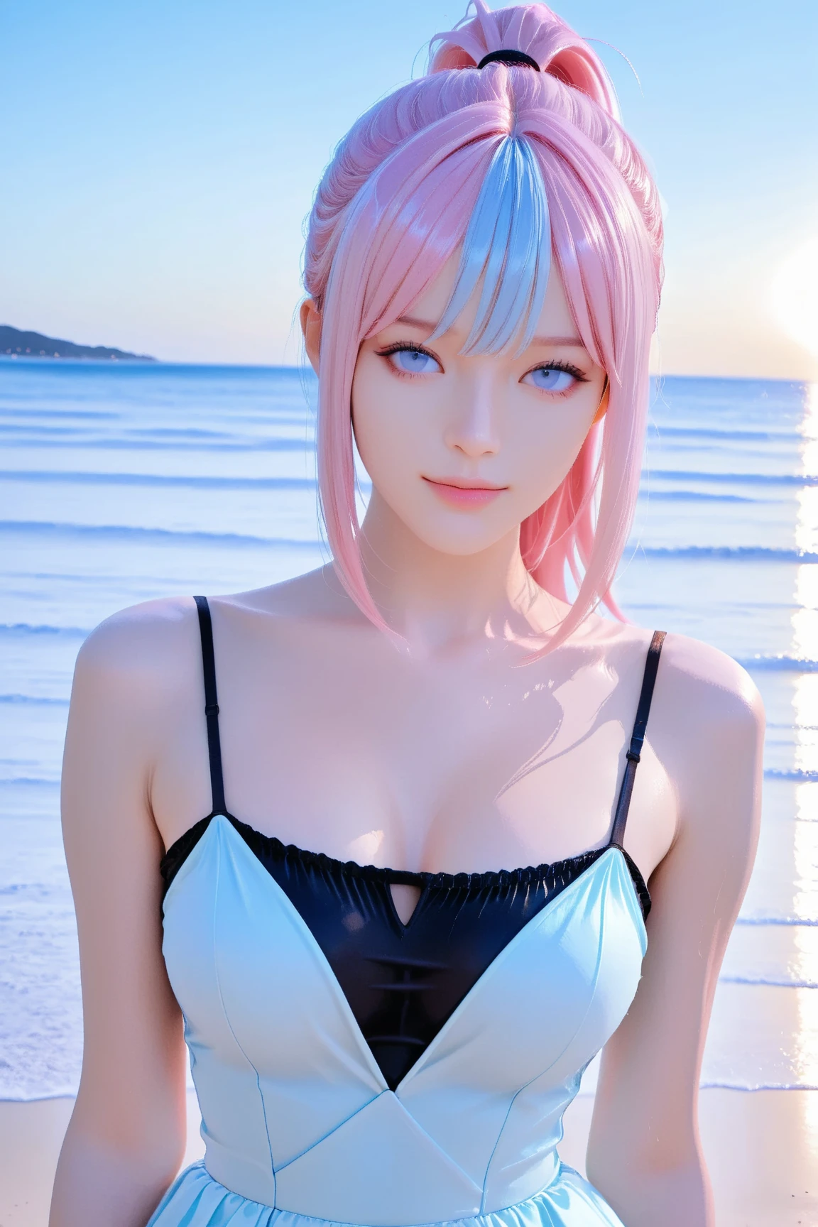 (Highest quality, masterpiece:1.3, Ultra-high resolution), (Very detailed), (Realistic:1.4, RAW shooting), ((Pink Bikini:1.2)), ((the body is slim)), girl, Japanese, cute, Straight Long Hair, Big Breasts, Turn your body forward, (View from the front:1.1), Looking into the camera, focused on the chest, Light brown hair, ((Black Choker)), Very long and bushy eyelashes, blue eyes, bangs、 ((Wicked Smile))、blue sky、Private beach、Sandy Beach、Swimming in the sea, Full body portrait, High leg