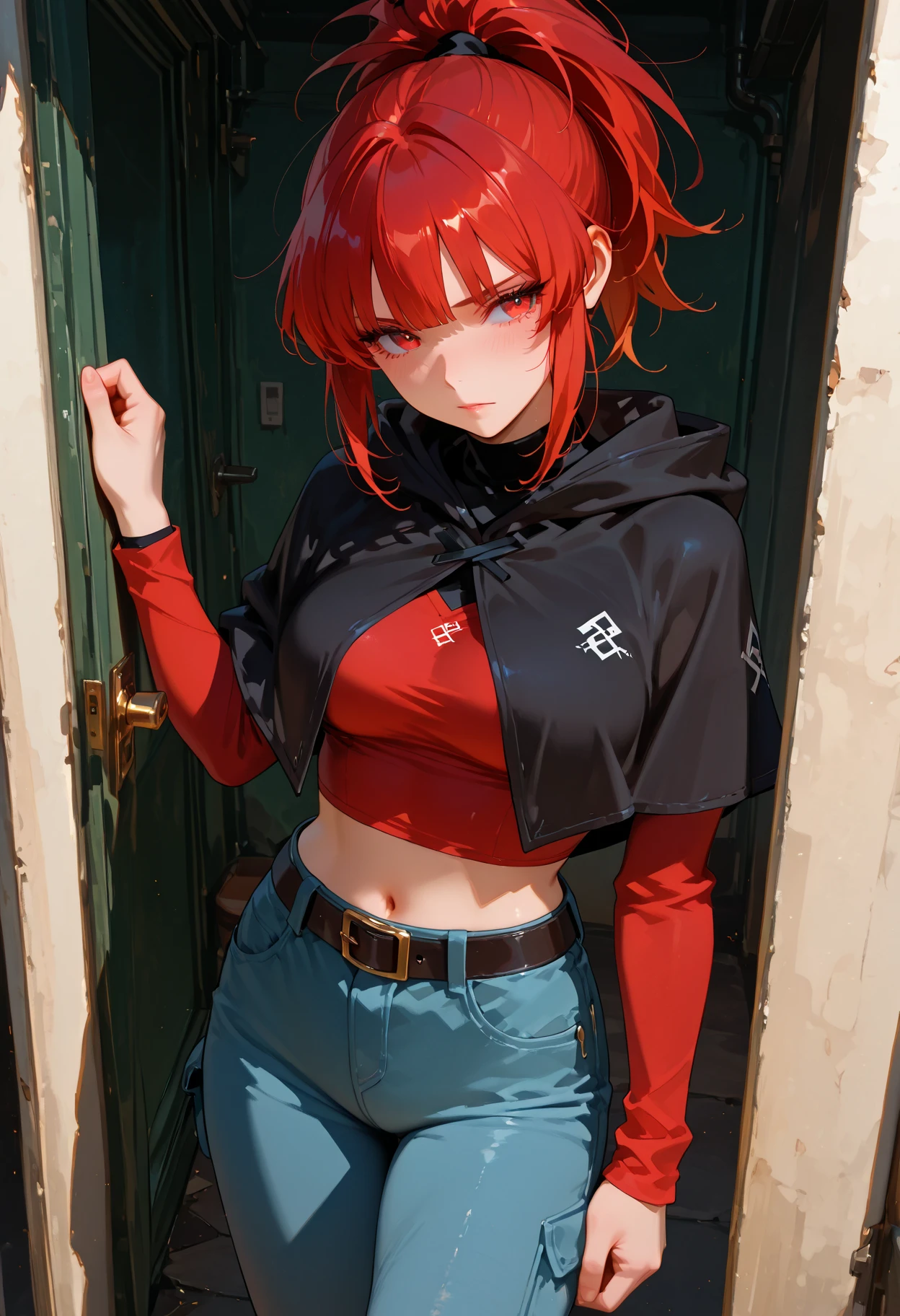 A young girl with messy red hair, wearing an eye patch over the left eye, wearing baggy firefighter pants, short top with the belly exposed and a blouse tied at the waist