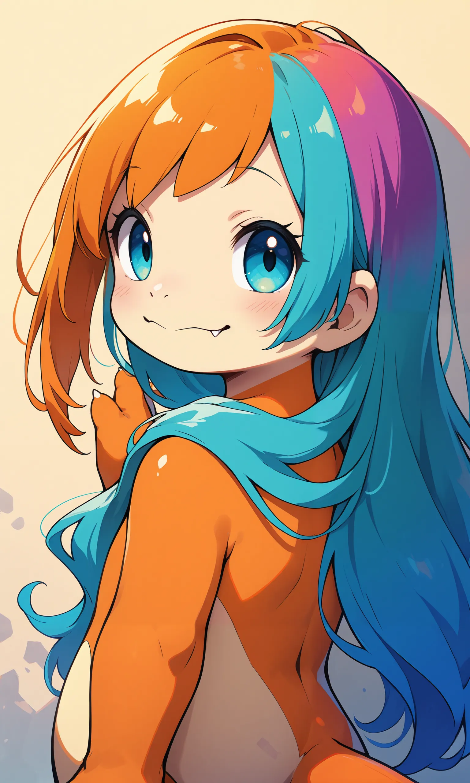 masterpiece, best quality,realistic,absurdres,1girl, bright blue hair, orange jumper, black pants, outdoors, long hair, breasts, grin, tongue, ahg, ahegao, skinny,