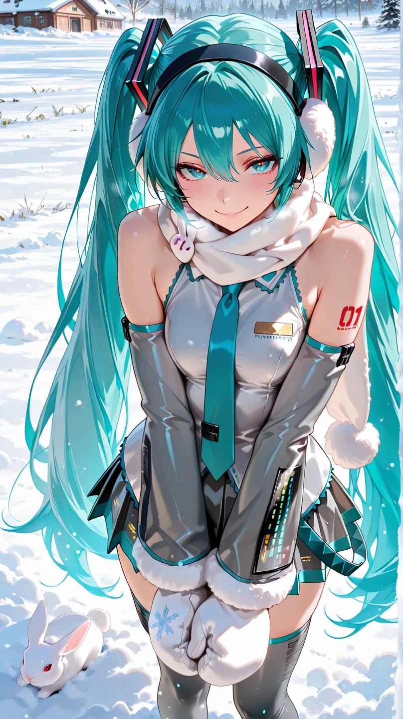 Super detailed, NSFW, masterpiece, High resolution, Photorealistic digital art, perfect lighting, (((1 girl, perfect anatomy))), accurate right hand, accurate left hand, five fingers, perfect style, hatsune miku, 3d face, big light blue-green eyes, glossy lips, blue-green long hair, shiny skin, smile, (((twin tails))), big square hair accessories, (((Snow White))),