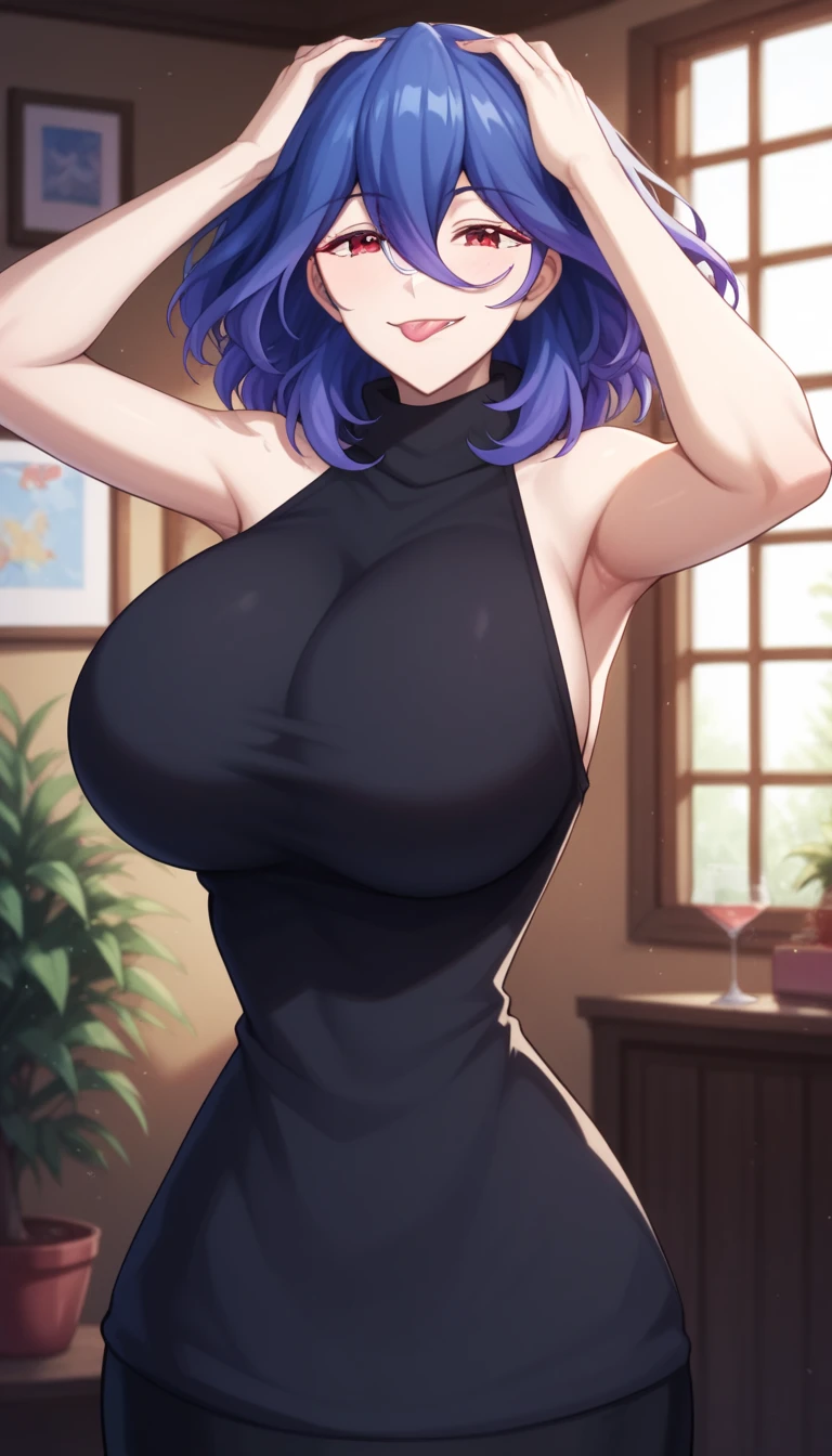 black hair, long hair, front view detailed body, long belly , Slender body, tight body , thicc, huge breast , long thighs, masterpiece,best quality, official art, extremely detailed CG unity 8k wallpaper, ((top quality, 8k, masterpiece: 1.3, ultra hd, high quality, best quality, high definition, ((realism)), sharp focus: 1.5,(Very detailed CG unity 8K wallpaper), Dark Cinematic Lighting, cinematic lighting, sooahdef \(Secret Class\), large breasts, fair skin,sweaty body, sweaty face, seductive smile, earrings, Looking at the viewer, embarrassed, shy, blushing, bob_cut, short hair, front view, dress, long dress, black dress, dress tug, black pantyhose, cowboy shot, night backgrounds