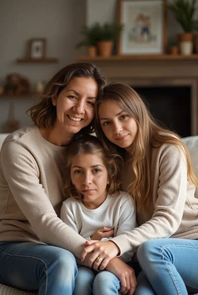 detailed portrait of a young family, a small  with fair skin and white curly hair with blue eyes, an older girl with ash-colored hair and blue eyes, the children are wearing beautiful clothes, the parents are sitting next to them, father and mother, realistic, photorealistic, detailed, 4k, 8k, vibrant colors, warm lighting, cinematic composition, elegant, high quality