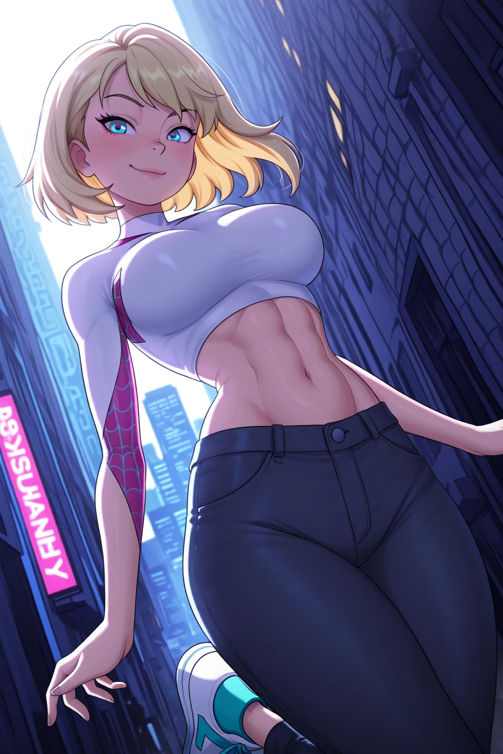 Gwen Stacy, ripped muscle, muscular body, pale skin, smile(blush), nude, yoga pants, sixpack abs, [ultra detailed skin:1.2], 8k uhd, pussy, full body, crowd, public, night, standing,
