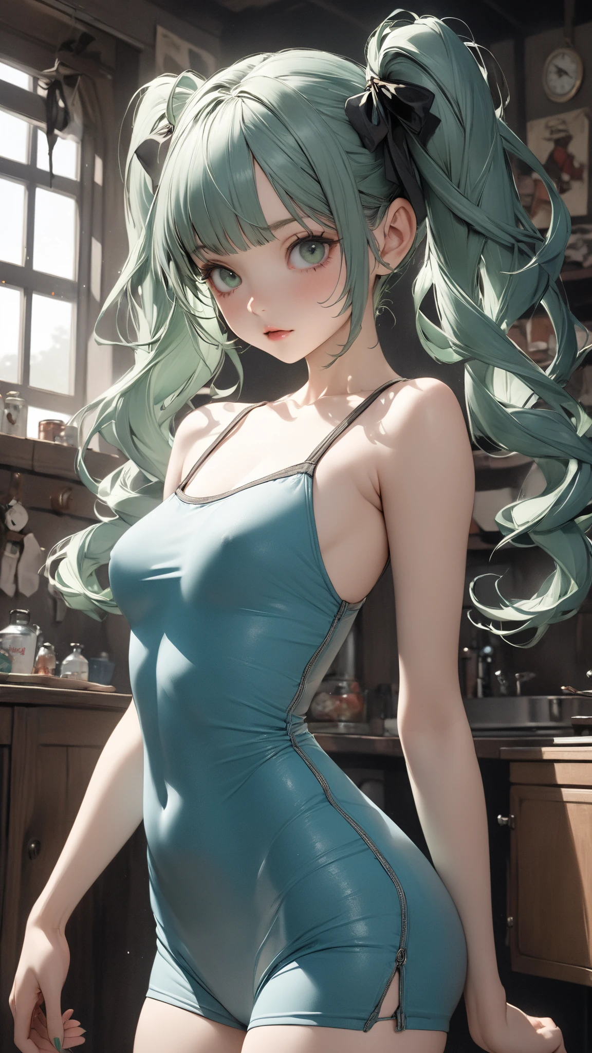 (masterpiece, best quality: 1.2), cowboy shot, solo, 1woman, odelschwanck, serious expression, looking at the viewer, hand in own hair, green hair, skull, torn clothes, torn skirt, big ass, barefoot