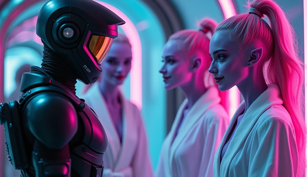 there is a woman standing in a room with a gun, white and purple, who is a android, cinematic still frame, in formation, inspired by Dave Kendall, mute, asian woman, guards, toy room, celluloid, full - body artwork, the walls are pink, several soldiers --ar 16:9 --auto --s2
