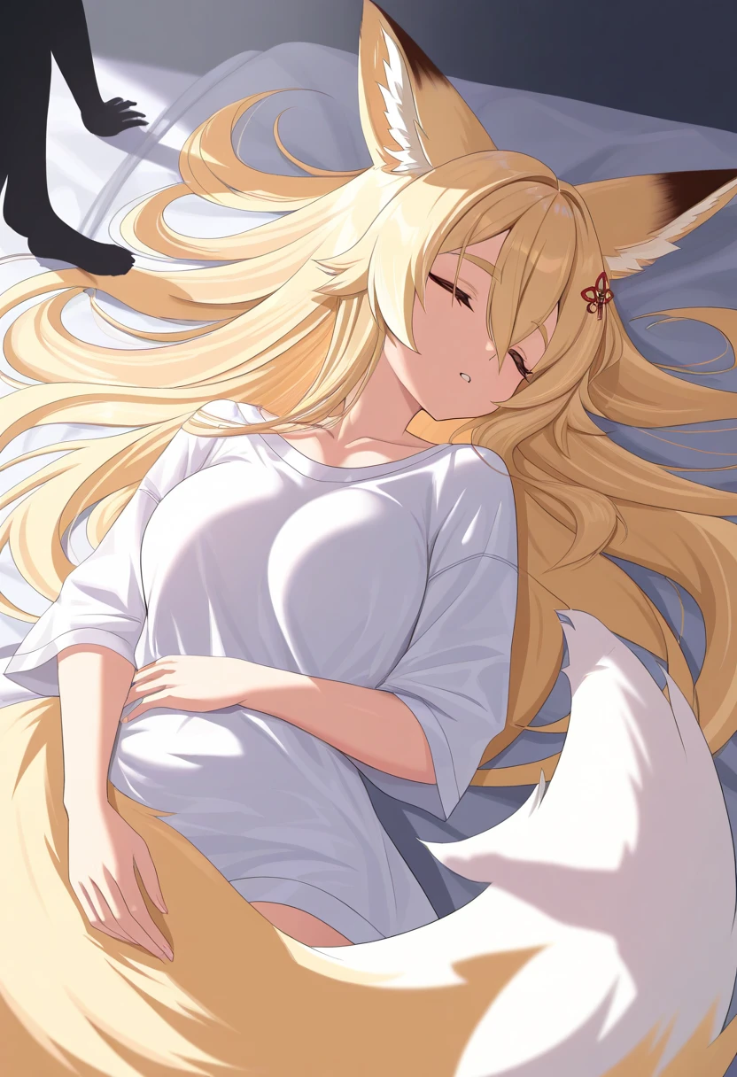 (1girl ,solo,20s,mature female),blonde hair,long hair,cat ears,closed eyes,(((dark skin))),(Egypt),white sleep oufit,bare shoulders,sleeping,lying on bed,night,dark