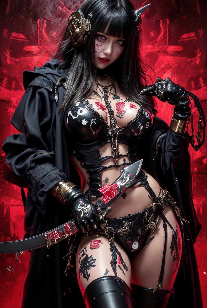 Evil empress with black hair and bright red eyes, Wears sexy lingerie. Carries a scythe in his hand