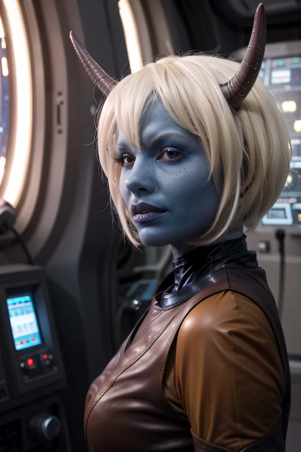 mulher andoriana, (estrangeiro:1.3), cabelo branco, pele azul, antenas, leather armor, Science-fiction spaceship interior,