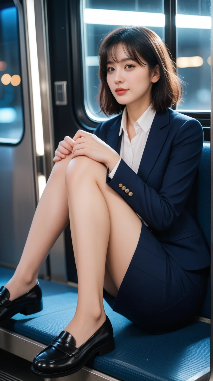 best qualtiy, tmasterpiece, 1girll, beauitful face, (photograph realistic:1.3), edge lit, (highdetailskin:1.2), 8K UHD, digital SLR camera, high high quality, A high resolution, 4K, 8K, Bokeh, absurderes, Optimal proportions of four fingers and one thumb, (realisticlying:1.3), Cute 1girl, Wearing a white formal blazer, mediuml breasts, short skirt,Wear slender high-heeled sandals,Wear a white bandeau,