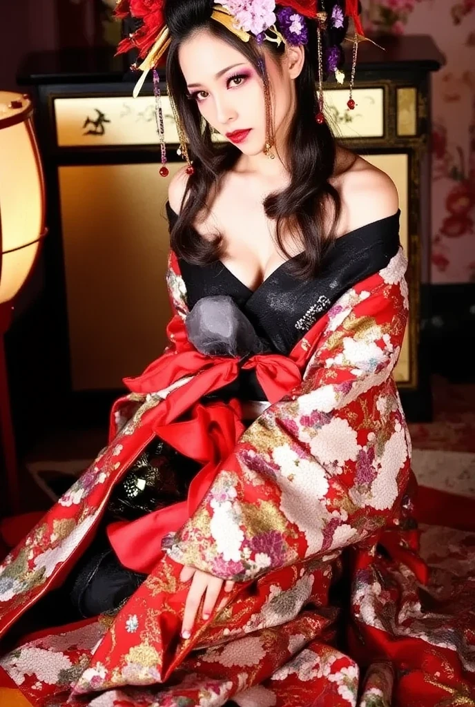 masterpiece, best quality, highres, 4k, 8k, ultra detailed, absurdres,vivid contrast, vibrant colors, full body,1girl, black hair, japanese clothes, solo, kimono, long hair, makeup, hair ornament, red eyes, floral print, looking at viewer, red lips, lipstick, black kimono, flower, fingernails, floating hair, upper body, off shoulder, eyeshadow、valley、big breasts、Photographed in a Japanese-style room、sit down on the floor