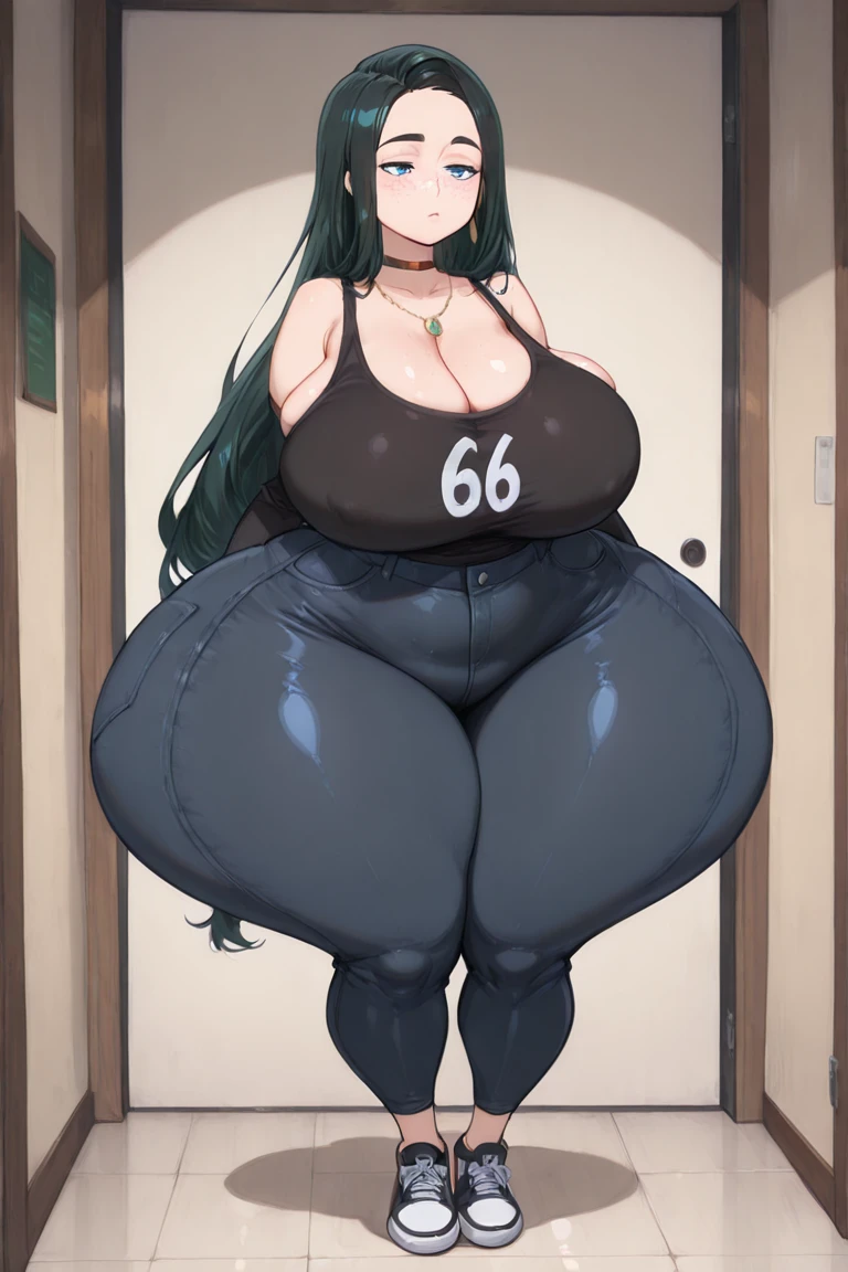 eplace green to black, purple eyes, medium breast, ((Gigant ic ass)), ((gigantic hips)), black t-shirt, black shorts, emo girl, gamer girl