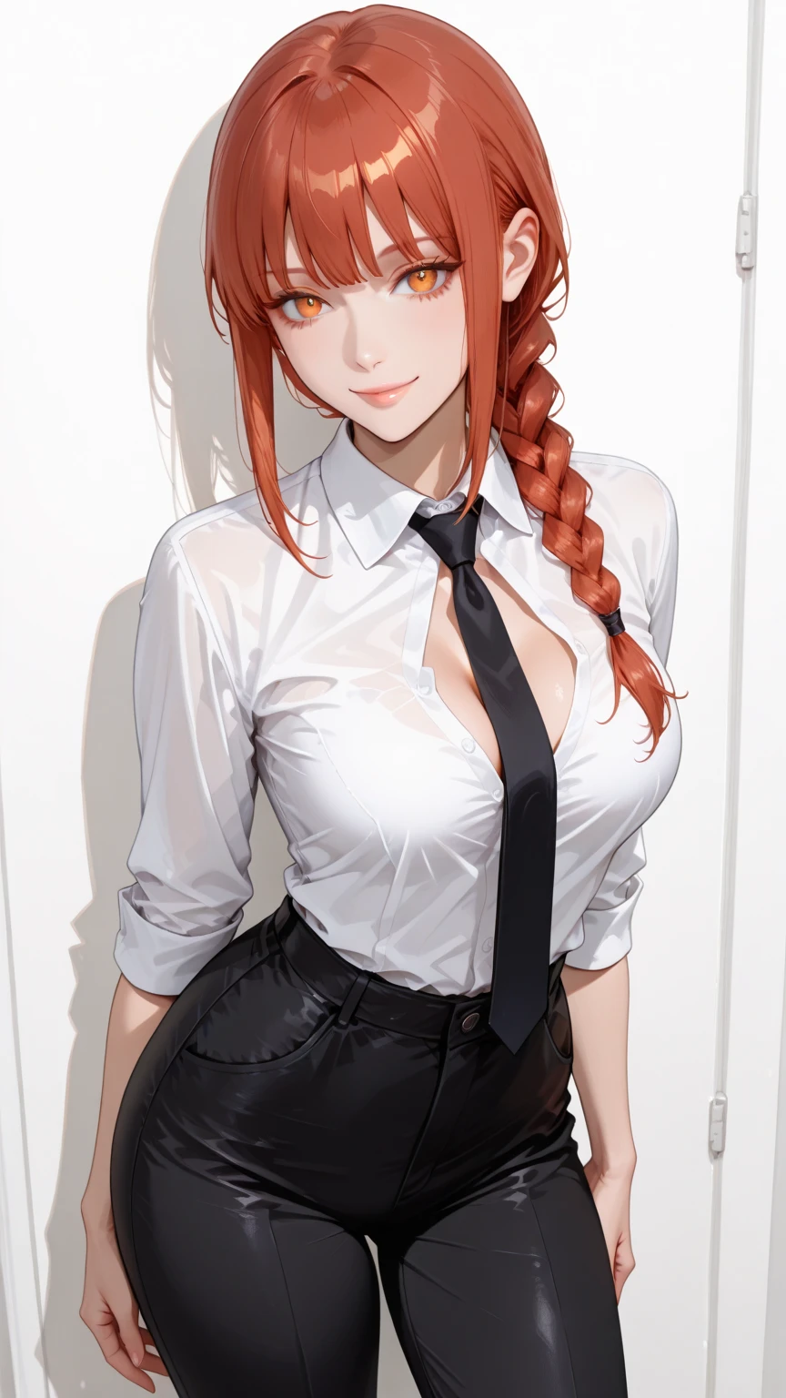 tmasterpiece，（真实感：1.1），best qualtiy，（cleavage:1.3)，beautiful light up，（Ulzzang-6500：0.5），makima \（chainsawman\），（red hair）+（long braid）+（By bangs），Yellow eyes，Golden eyes, ((eye socket)), (white  shirt), (tiese), RAW photos, 8K  UHD, filmgrain，Light，upperbody closeup，sportrait，both hands on hip