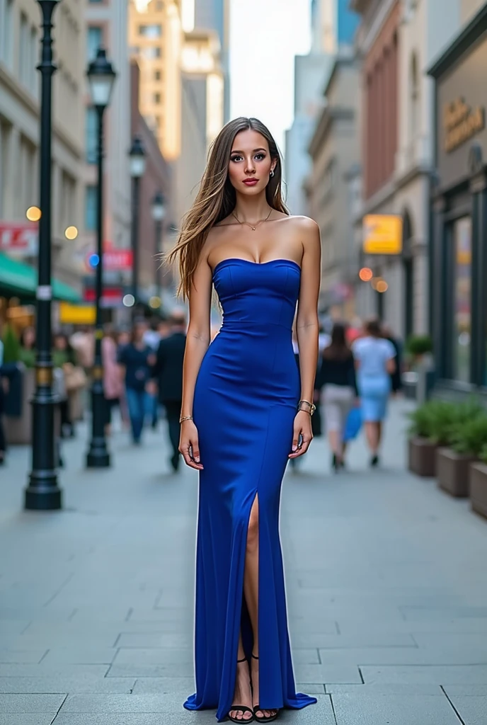 whole body, long_Hair, gorgeous, blue eyes, city girl, neckline, western film, dress, hot girl, shopping in the city, (Masterpiece), Best Quality, high resolution, extremely detailed, blurred background, depth of field, cinematic lighting, sunglasses
