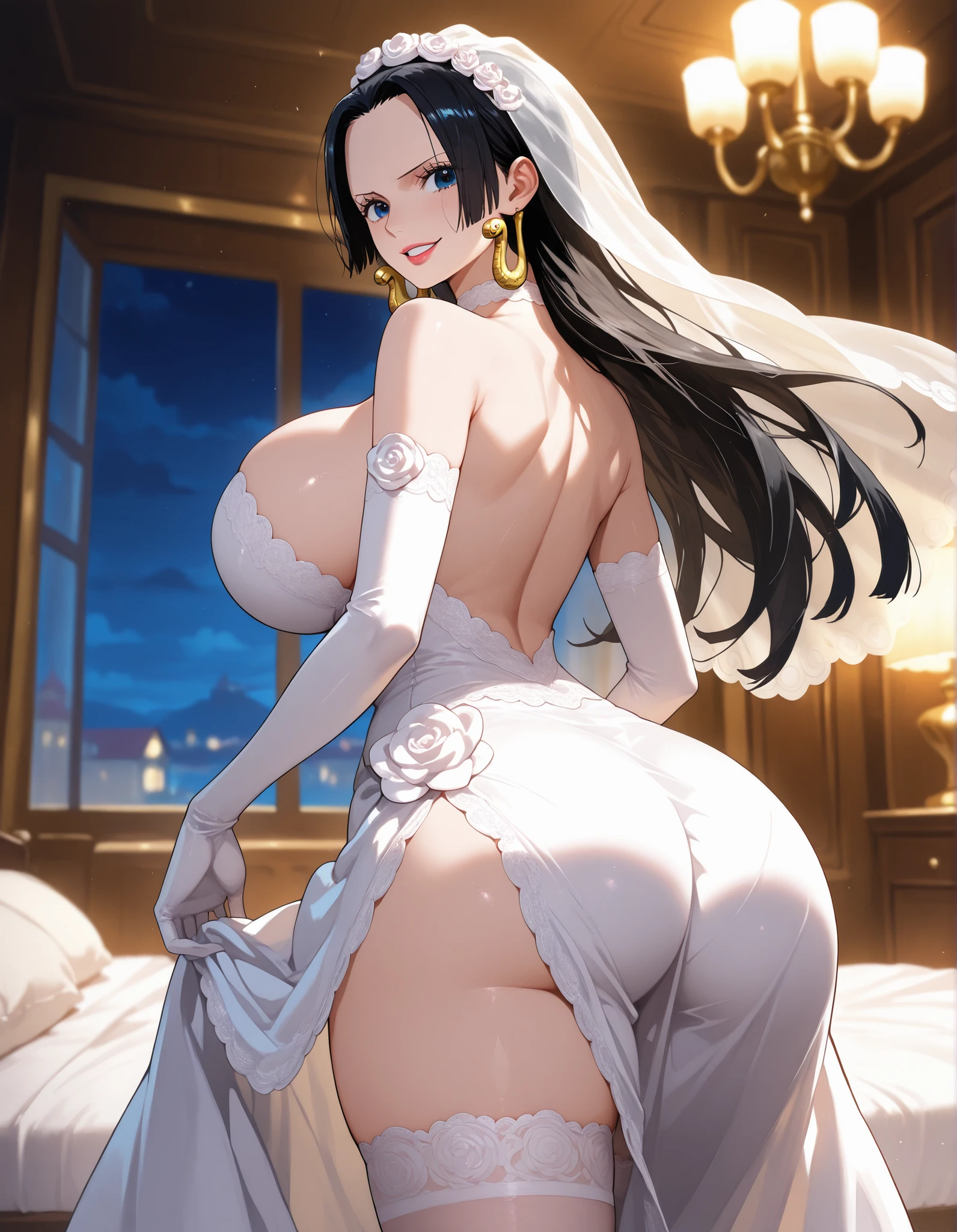 Lusty adorable Colombian bride, elegant and slutty wedding dress, fit and extra curvy, full pouty lips, huge hanging breasts, tiny toned waist, extra wide hips (waist-to-hip ratio of 1:2), wide thigh gap, thick thighs, huge jiggly ass, heavy makeup, thick curly hair. Show her wedding dress with a very short skirt.