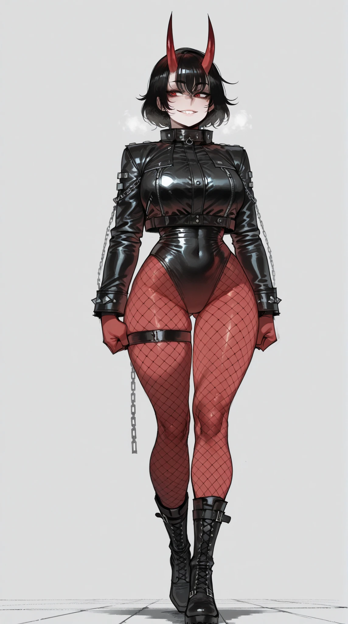 dark fantasy anime illustration of a (mature MILF BIMBO albino skin and short white hair), (FULL BODY) perfect face, wearing tight leather stealth armor, stalking, BIG KNOCKERS CLEAVAGE, lustful smirking smile red blush red cheeks, chain leash, kneeling, shackles, leather black collar slave, ((BLACK background)) WITH KNOCKERS on glass, glass window fog water drop, hands behind body, metal handcuffs, black choker collar, thigh highs, long legs, metal ankle, metal sandals, metal shoulders, standing straight symmetrical against glass