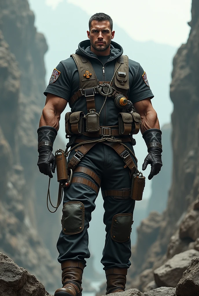 Male in the Heath, tall and burly, camouflage tights, big muscles, big bulge, Buzz cut, black sunglasses, brown camouflage military boots, buzz cut, steampunk style, steampunk art, complex mechanical devices such as gears, pipes, valves, (huge industrial building: 1.4), gray theme, retro futurism, crazy details, (Fujiflim XT3), 20 megapixels, detailed, cinematic particles,