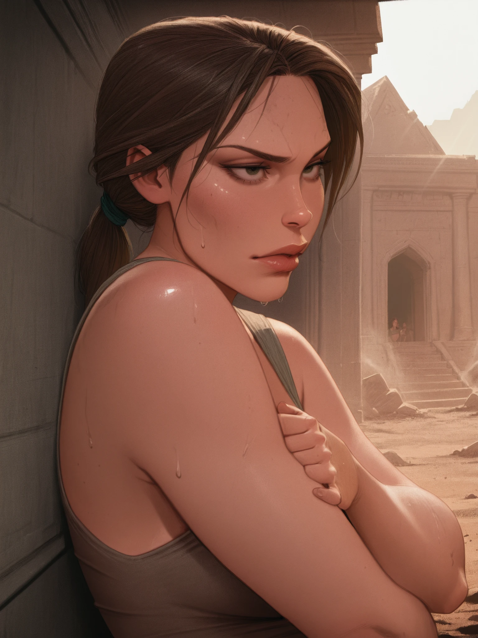 Arte oficial, Unity 8K Wallpaper, Ultra detallado, Beautiful and Aesthetic, obra maestra, mejor calidad, una chica hermosa desnuda en una mazmorra oscura, cara perfecta, pecho perfecto y muy grande al aire , de cuerpo entero desnudo sin ropa alguna, como prisionera sin ropa, mirada reflexiva, Dramatic dark lighting, vignette, profundidad de campo muy oscuro