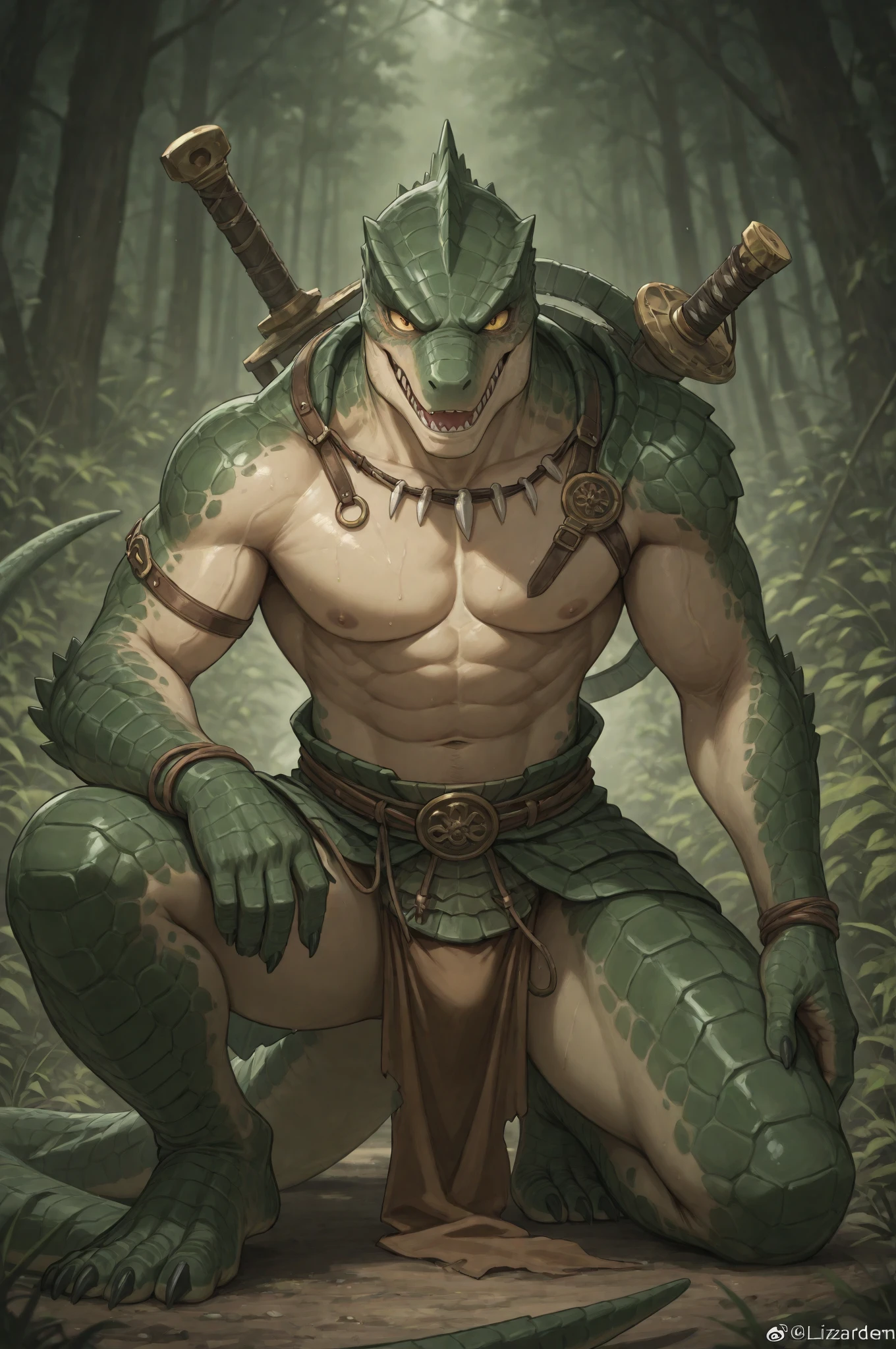 Muscular lizard, male, African, with primitive loincloth, light green body, scalie, long untamed dreadlocks, by bebebebebe, standing