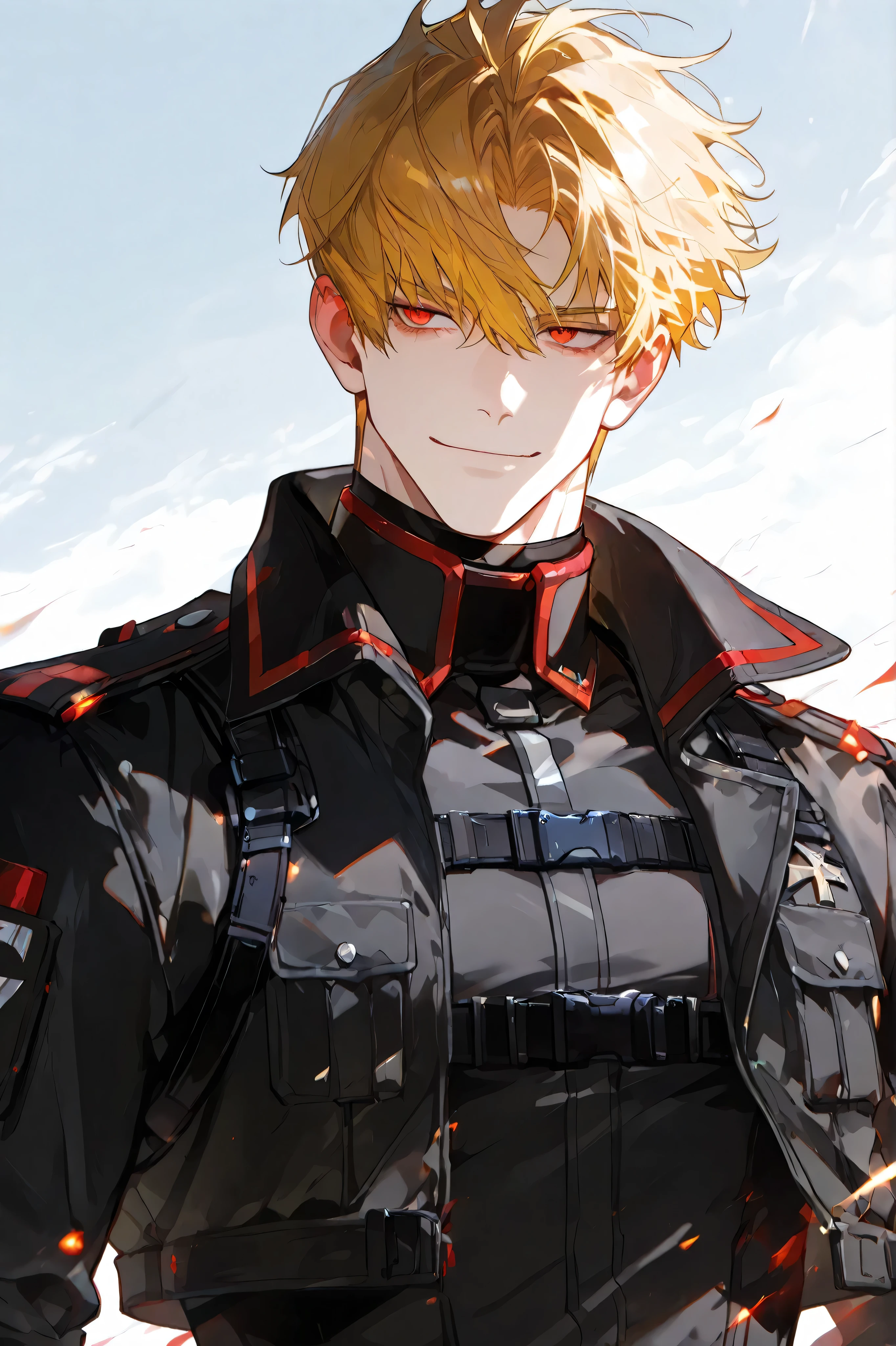 Handsome adult male, yellow hair, Red-eyed comrade, hearty, Proud smile, short hair scattered in the wind, Light mood, military uniform cropped jacket, Harness, combat military suit