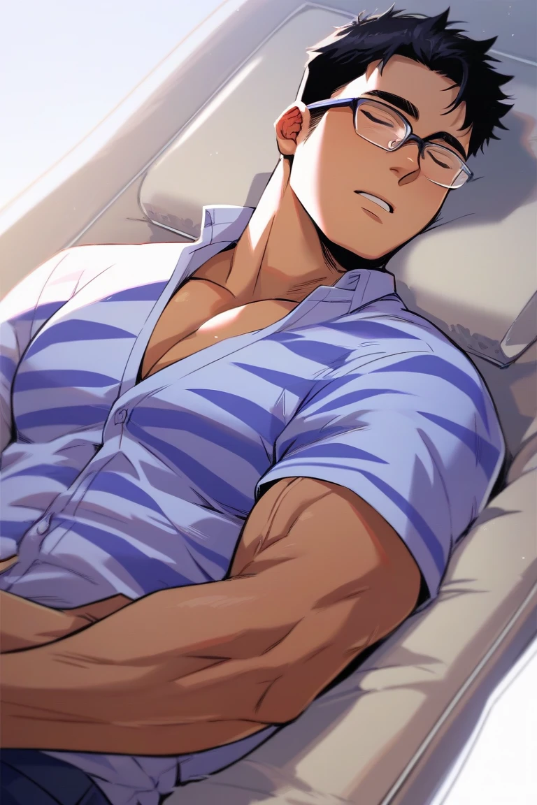 score_9, score_8_up, score_7_up, score_6_up, perfect anatomy, perfect proportions, best quality, masterpiece, high_resolution, high quality, solo male, Professor Neroli, black hair, ahoge, closed eyes, round glasses, (facial hair, stubble), chubby, eye mask around neck, light blue shirt, white labcoat, long labcoat, khaki pants, adult, mature, masculine, manly, handsome, charming, alluring, seductive, (upper body), (lying on bed, on back, spread legs), blush, smile, feet out of frame<lora:EMS-416331-EMS:0.800000>