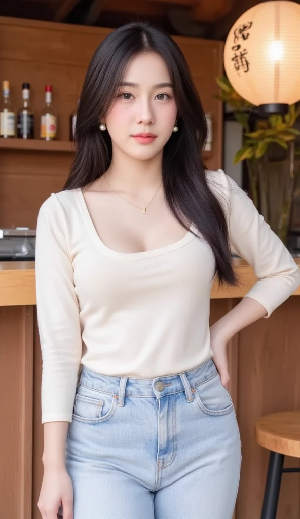 a pretty indonesian girl, perfect body, natural breasts, casual white tight shirt with o-neck short-sleeve and jeans short shorts, flat shoes, at coffee shop, front view, detailed face, realistic, photo realistic, at office room, finely detailed eyes and detailed face