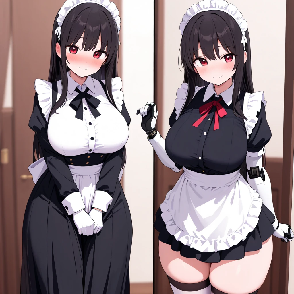 ((2 girls))、((smile))、blush、black shirt、blouse、((fun))、（small breasts）、Chirarism、black hair、(single braid)、((white apron:1.5))、((maid))、((hair ornaments)),  thighs, 壊す in house, ((in house:1.5))、 BREAK looking at viewer、torn skirt，(grab the skirt:1.0)、 (perfect hands, perfect ???????),cowboy shot、((shaved pussy:1.5))、(skirt that rolls up:1.3)、(Highly detailed labia fully exposed:1.5)、(Photo seen from below:1.3)、skirtlift