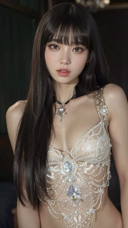 The beauty wears a collar and an iron chain,The collar is attached to the chain,Chained to a cross,The barefoot,Naked all over the body,Long black hair covers the breasts,锁链,manacles,binding,crucifixion,handcuff,anklet,chastity belt,slaves