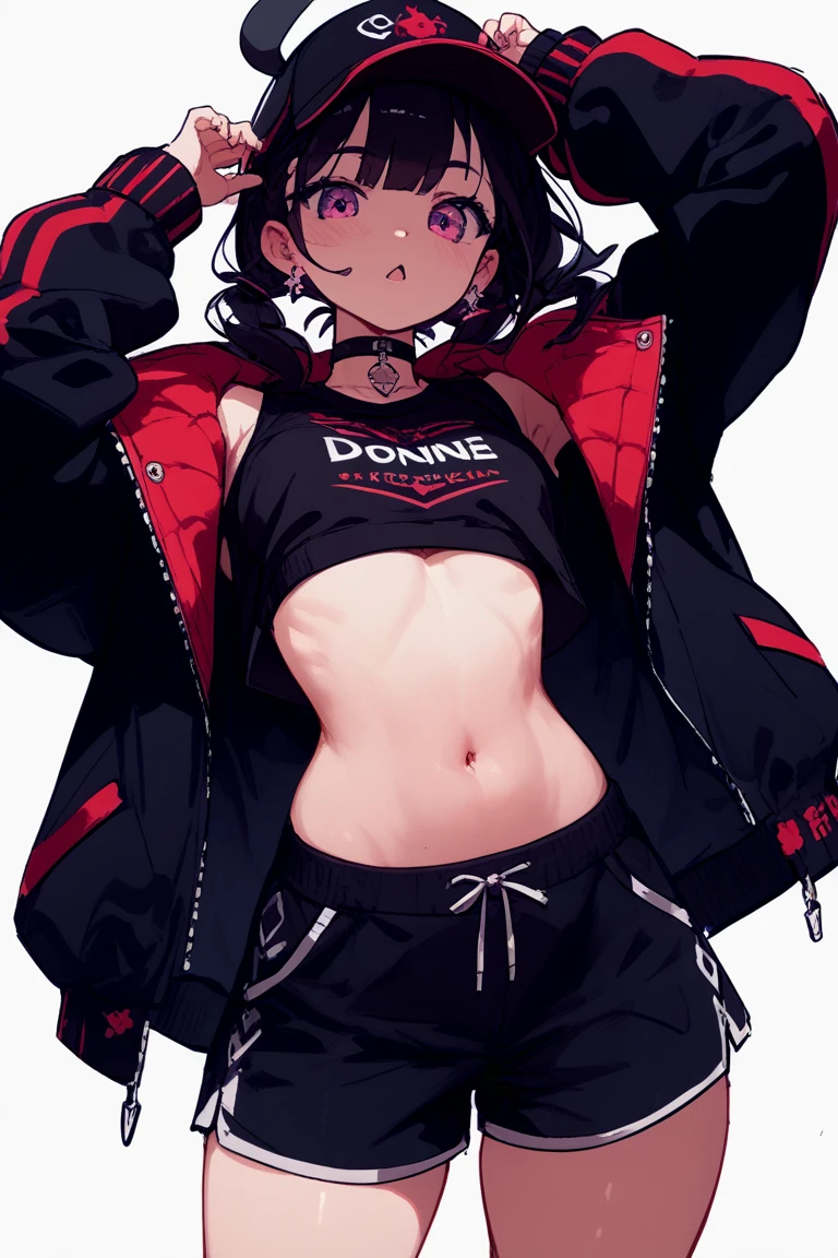 High resolution,high resolution,Girl,Black Hair,Short Hair,Purple Eyes,Slanted Eyes,Bad mood,boyish,slender,Toned body,Street,hoodie,Tattoo,Food,Shorts,Black Mask