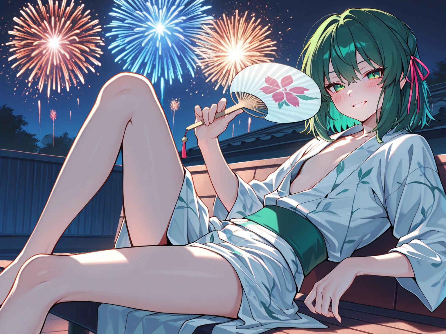 Sheer tank top、Transparent nipples、Big Tits、See-through underwear、pantyhose/stockings、Fireworks display、Leaning forward、Green Hair