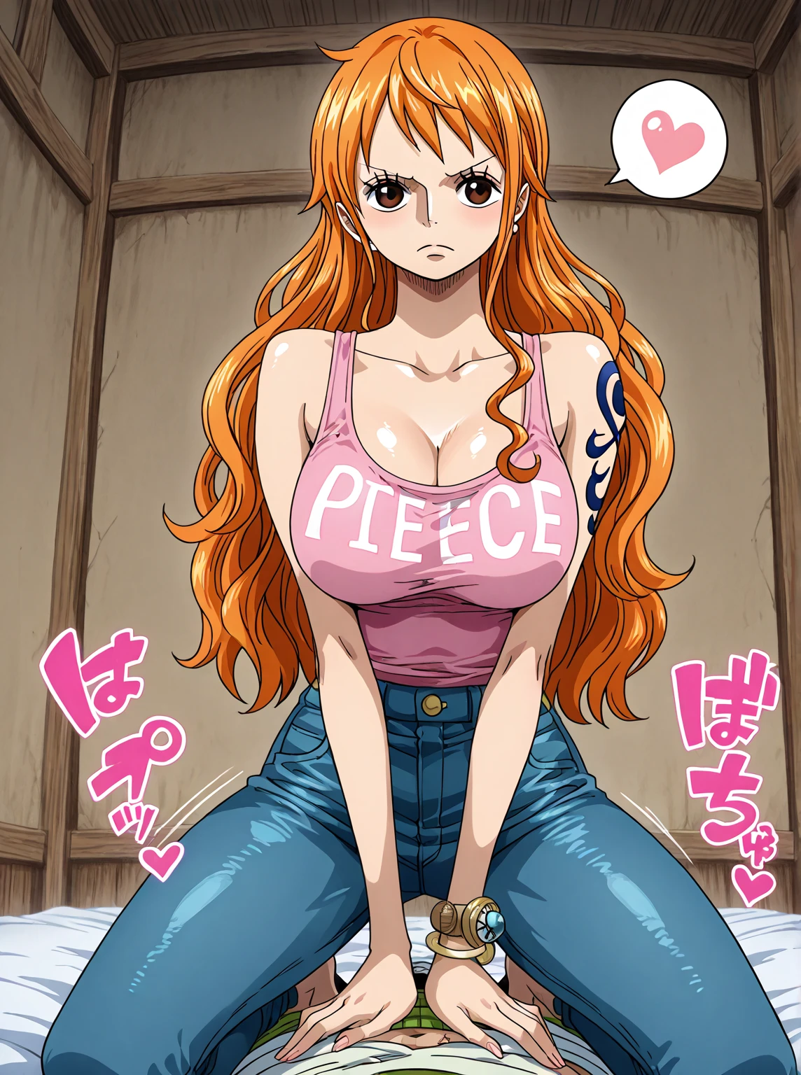 score_9, score_8_up, best quality, source_anime, 1girl, Nami, big breast, pink tank top, short pants, sleeping, lying on bed, from above, raise hands, closing eyes, 1boy, lifting clothes, nipples, nsfw, grabbing breasts