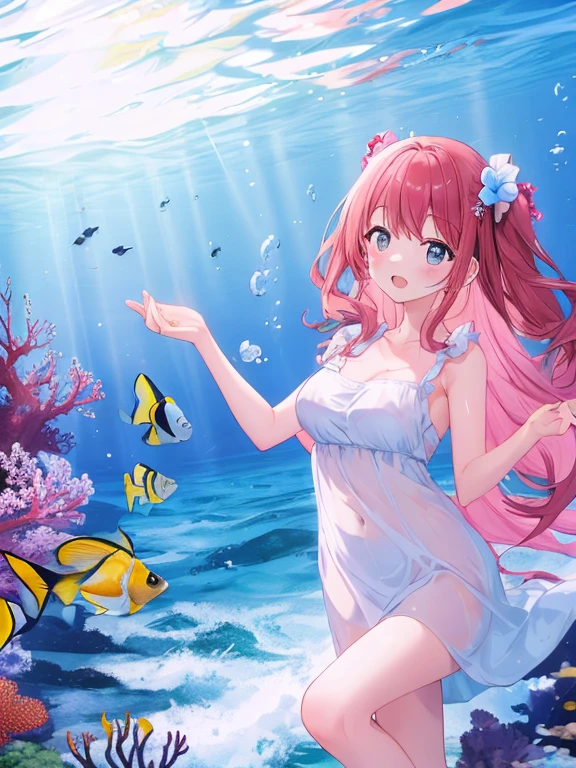 ((masterpiece, ultra high-quality illustration, high resolution, 16k)), beautiful, delicate details, large aquarium, date, many fish, swimming, girl, joyful, watching fish, large bust, slim waist, fair skin, , amazed expression, long hair, tied hair, stylish outfit, modest, elegant, no accessories, lovely smile, cute, game-like CG, anime girl, aquarium ambiance, soft blue lighting, underwater atmosphere, colorful fish, coral reefs, gentle waves, reflections, immersive experience, overfit style