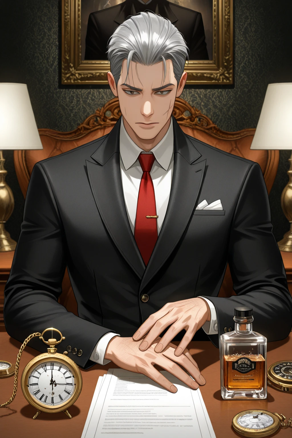 masterpiece, best quality, realistic, 1man, mature male, natural light and shadow, (A man controlling blood around him), (blood magic), fantastic, fairy tale, mysterious, supernatural, depth of field, ASIAN GOATEE, (asian slick back haircut), cowboy shot, evil vibe, antagonist, strategist