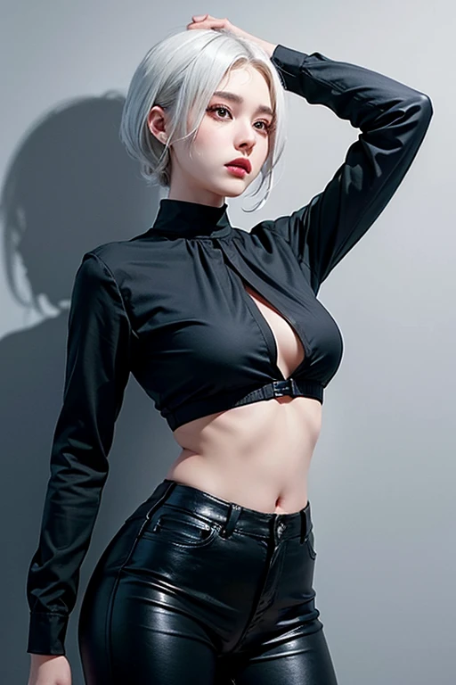 1 Russian girl, beautiful retro colors, instagram (realistic, high resolution: 1.4), (puffy eyes)), looking at the viewer, full body (8k, RAW photo, best quality, masterpiece: 1.2), (realistic, photorealistic photo: 1.37), (sharp focus: 1.2), professional lighting, photon mapping, radiosity, physically based rendering, (pale skin: 1.2), (big breast: 1.2), looking at the viewer, (medium hair: 1.5), portrait, purple eyes, (silver: 1.1), bangs, (simple background: 1.4), solo, upper body, realistic, (masterpiece: 1.4), (highest quality: 1.4), (brightened skin), mage sister, makeup, smile (thin, shut up, shy: 1.3), (standing, black flight attendant uniform, necromancer: 1.1), large bust, sexy pose,