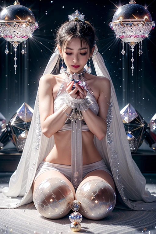 from below:1.2, (((Masterpiece))) 8K TopQuality { physically-based rendering | white and RainbowColors | clear | ZoomLayer } (bokeH:1.4), { (((photorealistic:1.37)))| (Hasselblad) }, ( Detailed Radiant PearlSkin with Transparency), Detailed face and eyes, { ((Beautiful bride goddess))| Princes Tiara| brilliant ruby accessories | delicate white lace knitted see-through wedding dresses }, { (Mystical sight) | god rays |((Dazzling colorful Rays shines through Elaborate stained glass:1.4)) }, { (Gigantic Cleavage:1.37)|(Overflowing)| Biomechanical HUGE and HEAVY boob | Underboob | navel | bleeding from pussy }, { praying hands | hidden hands |Detailed BabyLike hands | white elbow_gloves },(((Dazzling RainbowColorParticles:1.28))), ZoomedOut,
