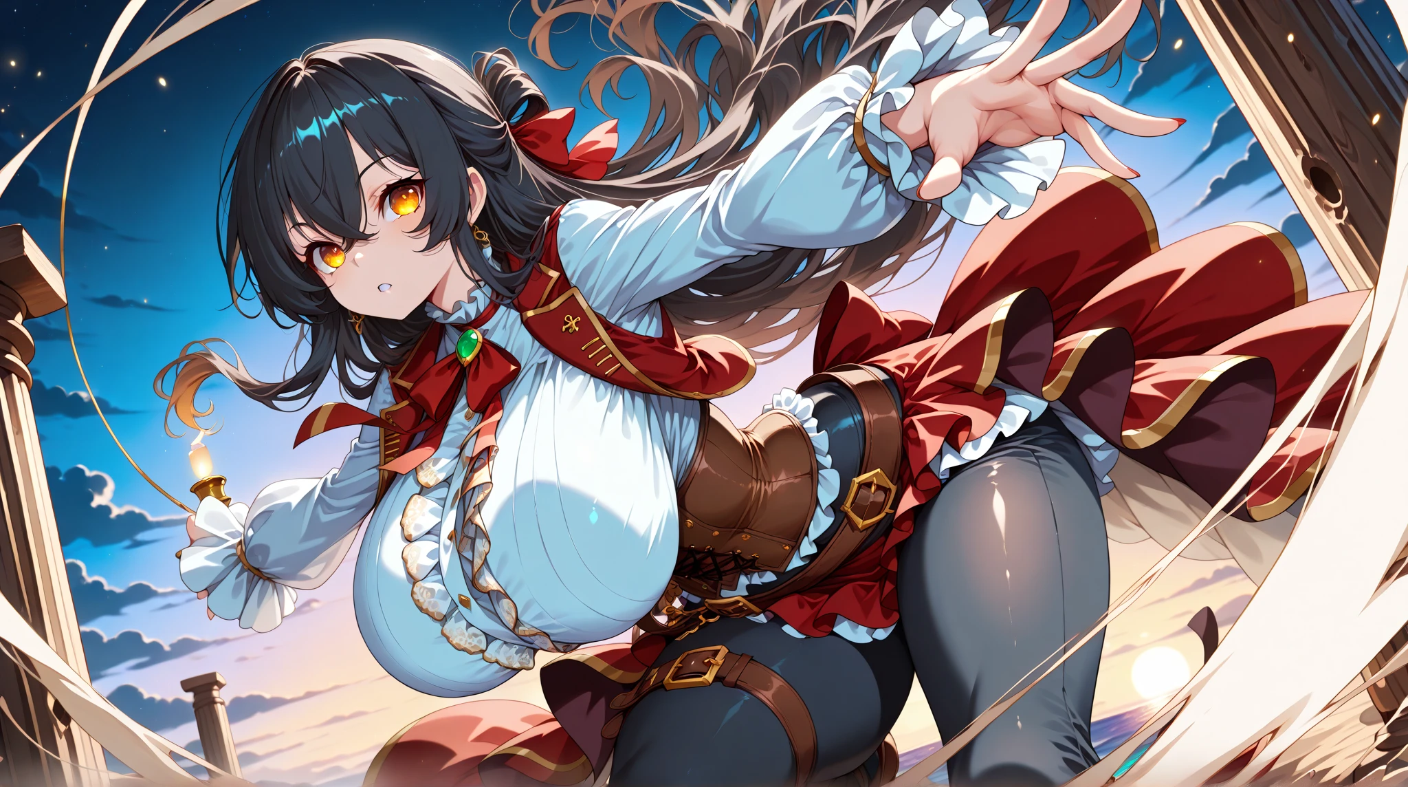 A woman wearing a white sleeveless shirt, black coat with red details, short red skirt, black hair, red eyes, pirate commander's hat, in a 1700s style naval shipyard, with golden chest, large breasts, smiling,very detailed, masterpiece, high quality, ultra resolution, 4k hd.